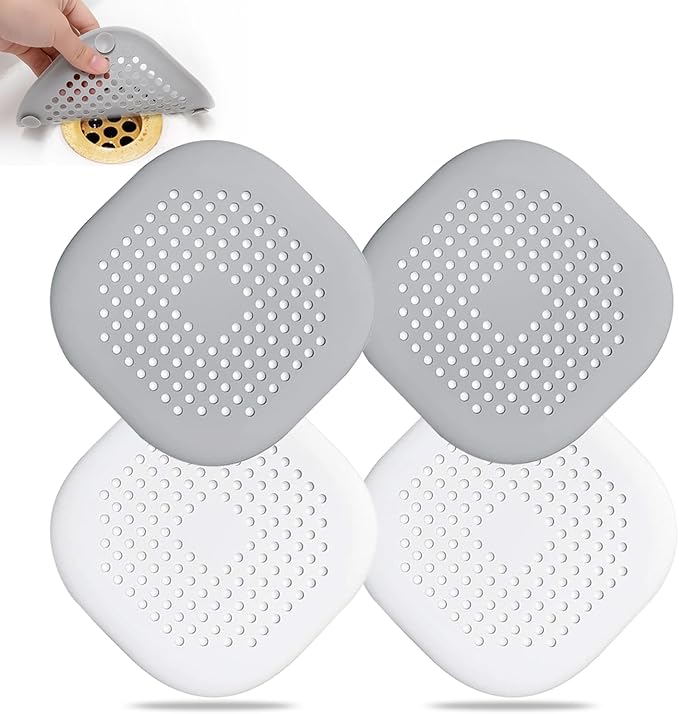 Hair Drain Catcher,Square Drain Cover for Shower Silicone Hair Stopper with Suction Cup,Easy to Install Suit for Bathroom,Bathtub,Kitchen 4 Pack (Grey Aluminium White) by Bovinde