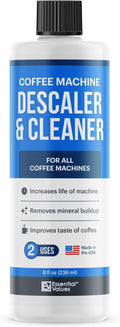 Essential Values Descaling Solution (8 fl oz / 236 ml) – Coffee Maker Cleaner for Nespresso, Keurig, Breville & More – Works on All Machines & Espresso Makers – Made in USA by EssentialValues