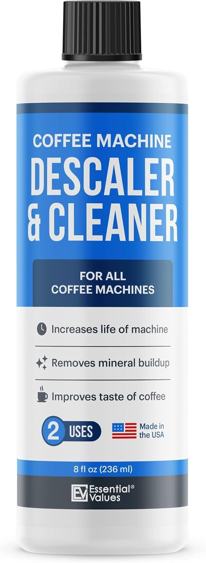 Essential Values Descaling Solution (8 fl oz / 236 ml) – Coffee Maker Cleaner for Nespresso, Keurig, Breville & More – Works on All Machines & Espresso Makers – Made in USA by EssentialValues