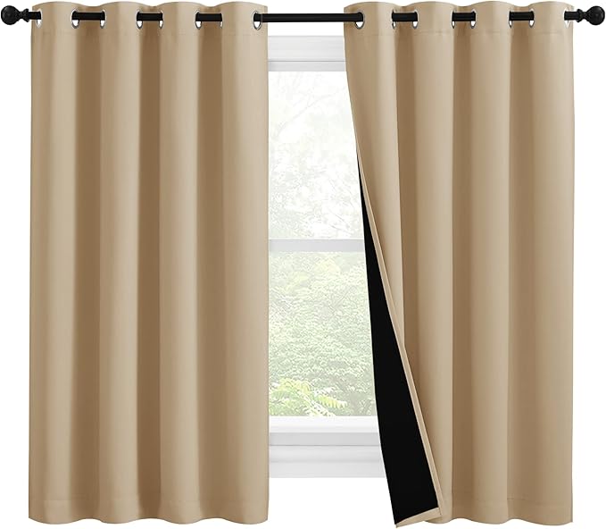 NICETOWN Cold Reducing Curtains, Bedroom Full Blackout Curtain Panels, Great Job for Blocking Light, Complete Blackout Draperies with Black Liner for Night Shift (Biscotti Beige, Set of 2, 55 by 57) by NICETOWN
