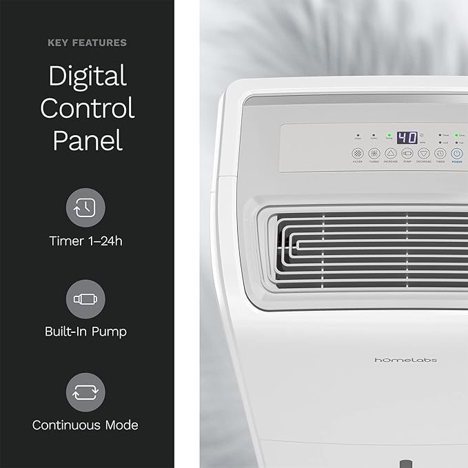 hOmeLabs Dehumidifier for Home, Office, Basements with Powerful Moisture Removal, Humidity Control, Auto Shut-off, Quiet Operation - 6,000 Sq Ft Rooms (40 Pint MAX 104 Pint at 95°F, 90% RH) with Pump - Image 2