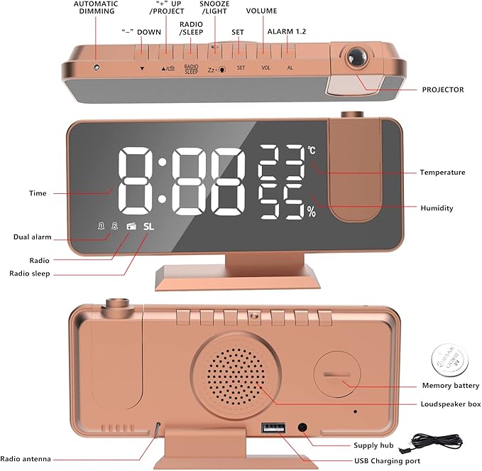 Projection Digital Alarm Clock for Bedrooms, Alarm Clock Radio on Ceiling, USB Charger Port, Temperature & Humidity Display, 7.3” Large Mirror LED Display,12/24H,Snooze,Dual Loud Clock- 4 Dimmer - Image 5