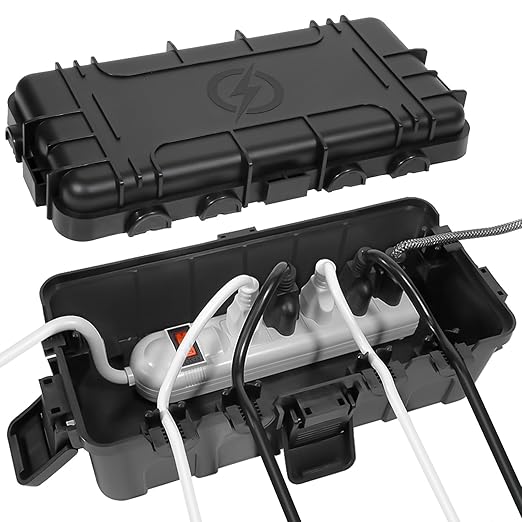 Medium Outdoor Electrical Box (11.6x5.2x4.1 inch), IP54 Waterproof Extension Cord Cover w/ 6 Cable Entry, Weatherproof Connection Box for Power Strip, Plug, Timer, Holiday Lights, Black by OUTDSPLY