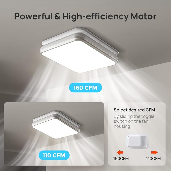 Consciot Bathroom Exhaust Fan with Light, 160 CFM, 1.0 Sone Super Quiet, Bathroom Ventilation Fan with 1500Lm LED Light Warm/Neutral/Cool White Selectable & Nightlight - Image 4