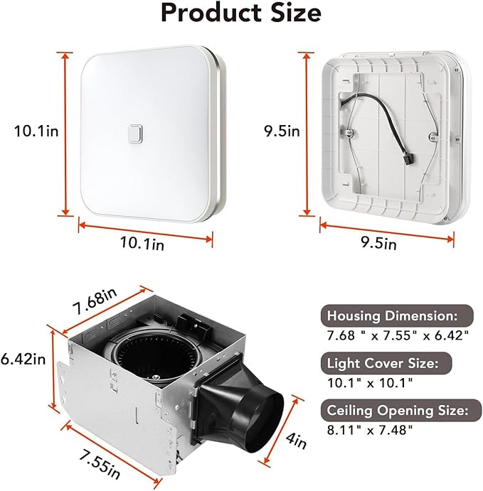 OREiN 2-in-1 Bathroom Exhaust Fan with Light, 100 CFM Bathroom Fan Light, 1.5 Sones Quiet Ventilation Fan Combo for Shower, Energy Star Certified, HVI/FCC/ETL Listed, Ceiling Cut-Out 8.11" x 7.48" - Image 2