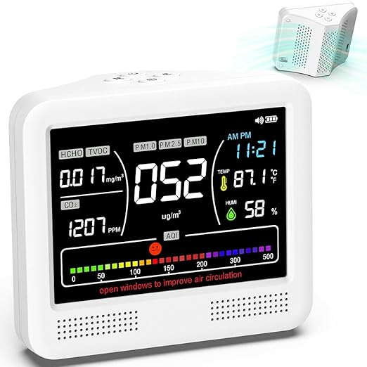 Air Quality Monitor Indoor, 16 in 1 Air Quality Tester for CO2 Monitor, TVOC, PM1.0 PM2.5 PM10, HCHO Temperature Humidity & Time, AQI Monitor with Alerts for Home (PureWhite) by Unknown