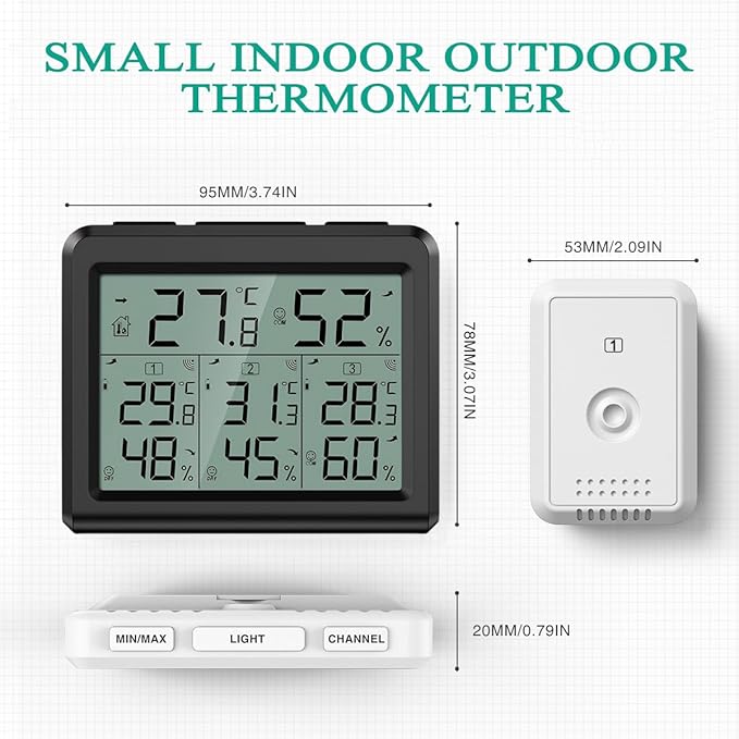 ORIA Indoor Outdoor Thermometer, Digital Hygrometer Thermometer with 3 Wireless Sensors, Temperature Humidity Monitor Meter with LCD Backlight, for Home, Office, Bedroom, Black - Image 4
