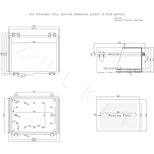 Zulkit Junction Box,IP67 Waterproof Electrical Box Hinged Cover Stainless Steel Latch Plastic Enclosure for Project with Mounting Plate Wall Bracket and 2 Cable Gland Grey 8.7"x6.7"x4.3"/220x170x110mm - Image 7