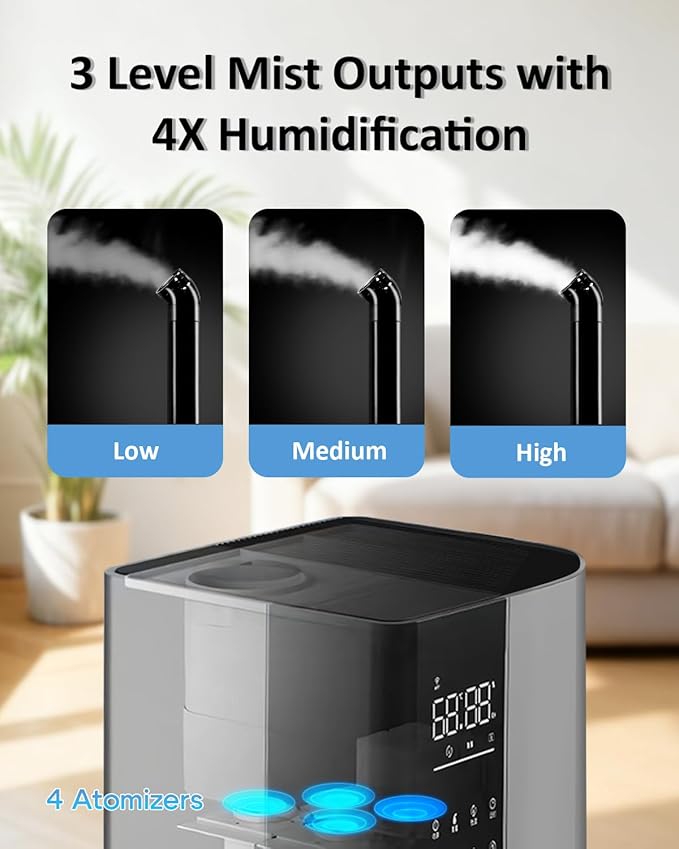 Humidifier Large Room,26L/6.8Gal Whole House Humidifiers for Bedroom Home 3000 sq.ft,1800ml/H,Commercial and Industrial Humidifiers with 360° Nozzle & Extension Tube,Top Fill,Gray - Image 5