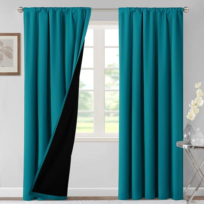 H.VERSAILTEX 100% Blackout Curtains for Bedroom Thermal Insulated Blackout Curtains 108 Inches Long Rod Pocket/Clip Rings Curtains for Living Room with Black Liner 2 Panels, Turquoise Blue - Image 2