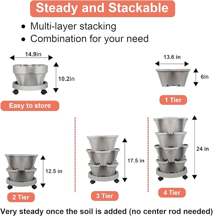 GameXcel Vertical Planter 4 Tier Stackable Planters Garden Planters Strawberry Herb Flower and Vegetable Planter Indoor Outdoor Gardening Pots with Removable Wheels and Tools - Image 7