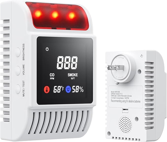 5-in-1 Smoke and Carbon Monoxide Detectors Plug in, Smoke Detector with Battery Backup Slot, Adjustable Brightness & Volume Levels, Smoke Alarm with Temp/Humidity for Home, RV, Travel(1-Pack) by Unknown