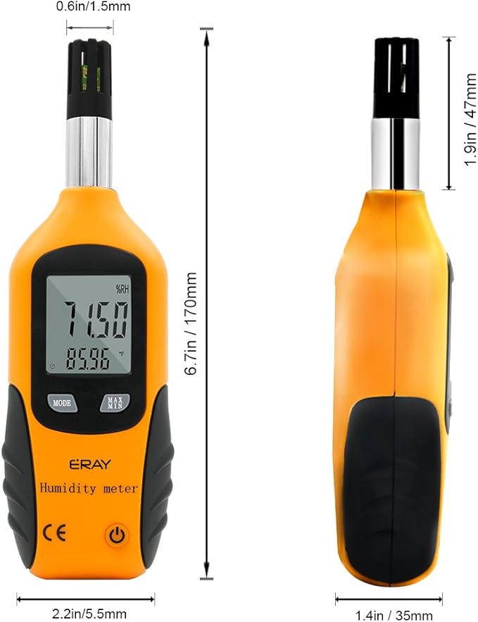 Digital Psychrometer Thermometer Hygrometer with Backlight, ERAY Temperature and Humidity Reader Meter Thermo-Hygrometer with Dew Point and Wet Bulb Temperature, 9V Battery Included(Yellow) - Image 2