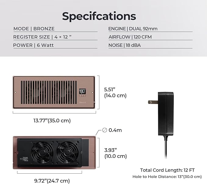 Quiet Register Booster Fan Fits 4" x 12" Register Holes, 10-Speed Smart Heating Cooling AC Vent Fan with Remote Control and Thermostat Control - Bronze - Image 6