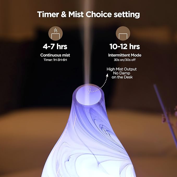 Essential Oil Diffuser, Art Glass Ultrasonic Aromatherapy Diffuser for Home 160ml with Intermittent Mist & LED 7 Colorful Changing Night Light for Bedroom-Ink Dyeing Time - Image 4