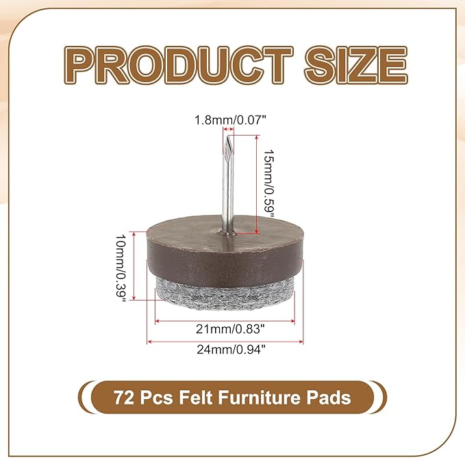 PATIKIL 24 mm Nail-on Felt Pads, 72 Pcs Round Felt Furniture Sliders Pads Heavy Duty Floor Protectors for Wooden Chair Sofa Cabinet Table Leg Feet Hardwood Floors, Brown - Image 2