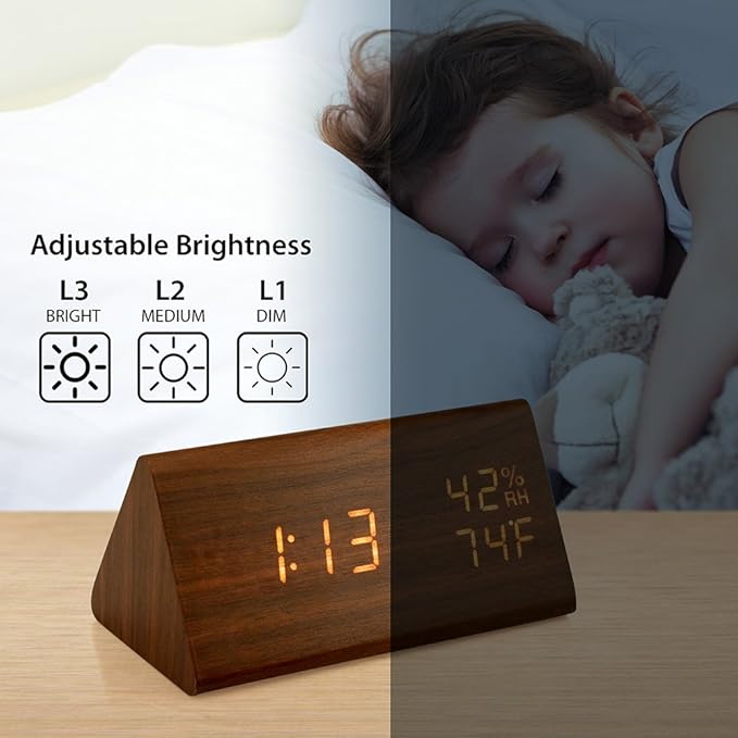 OCT17 Wooden Alarm Clock, Smart LED Digital Clock for Bedroom/desks, Upgraded with Time Temperature, Adjustable Brightness and Voice Control, Humidity Displaying - Brown - Image 4