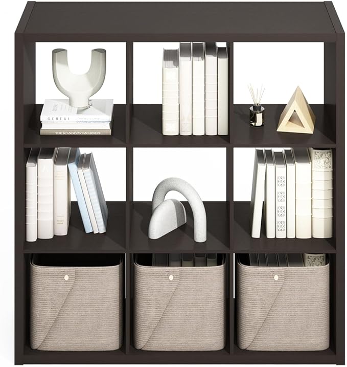Furinno Simple Cube Storage Organizer, 9-Cube Display Shelf, Open Back Shelving Unit, Storage Shelves, Extra Thick Frame, for Organization and Storage, Living Room, Home Office, Dark Oak - Image 6