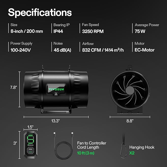 VIVOSUN T8 8" Inline Duct Fan & 3 Cycle Modes E12 Speed Controller, AeroZesh Grow Tent Kit Ventilation Fan with 832 CFM EC Motor, Programmable Exhaust Fan for Heating Cooling Booster, Hydroponics - Image 8