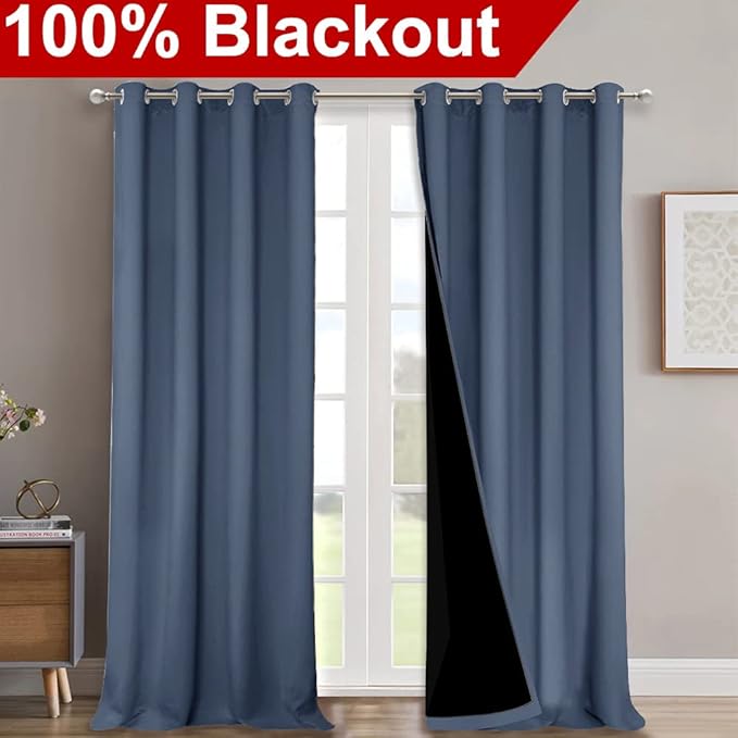 NICETOWN Insulated 100% Blackout Curtains, Noise Reducing Performance Drapes with Black Lining, Full Light Blocking Draperies for Overnight Shift Worker (Stone Blue, 1 Pair, 52 inches x 95 inches) - Image 2