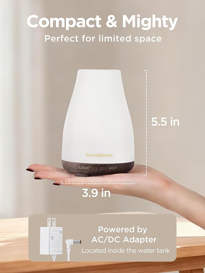 InnoGear Essential Oil Diffuser, Ultrasonic Diffusers for Home Aromatherapy Humidifier for Bedroom Room 7 Colors LED 2 Mist Mode Auto Off, Brown Base - Image 2