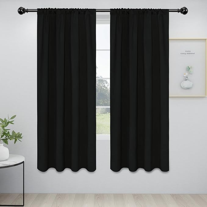 Easy-Going Rod Pocket Blackout Curtains for Bedroom, Room Darkening Window Curtains for Living Room, Thermal Insulated Noise Reduction Solid Window Drapes, 2 Panels(34x72 in, Black) by Easy-Going