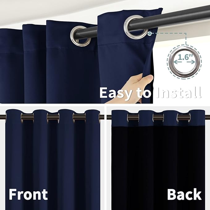BGment Thermal Insulated 100% Blackout Curtains for Bedroom with Black Liner, Double Layer Full Room Darkening Noise Reducing Grommet Curtain (52 x 72 Inch, Navy Blue, 2 Panels) - Image 6