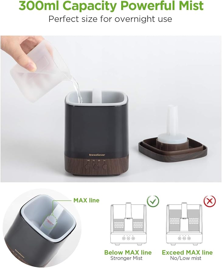 InnoGear Diffusers for Essential Oils, 300ml Oil Diffuser Aromatherapy Diffusers Aroma Ultrasonic Cool Mist Humidifier 4 Timers Color Changing Lights Auto-Off, Brown - Image 4