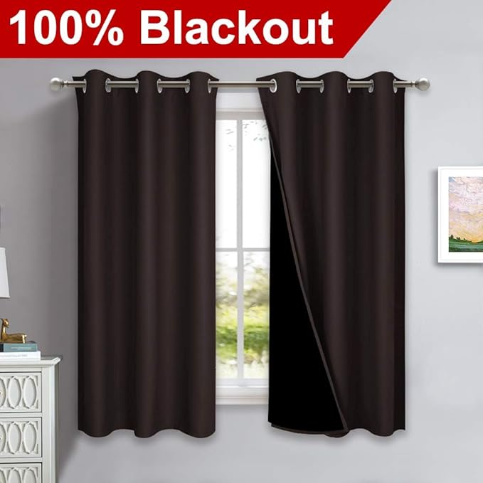 NICETOWN 100% Blackout Short Curtains with Black Liners, 2 Panels, 37" W by 63" L, Toffee Brown, Solid Thermal Insulated Full Blackout 2-Layer Lined Drapes, Energy Efficiency Window Drapes for Bedroom - Image 2