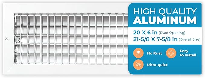 Aluminum 20 x 6 In (Duct Opening) Heater Vent Deflector Wall AC Grille – Premium Register Vent Cover – Durable Rustproof Wall Grille – Overall Size 21-5/8 x 7-5/8 Inch – Adjustable Front Blades, White by Air360