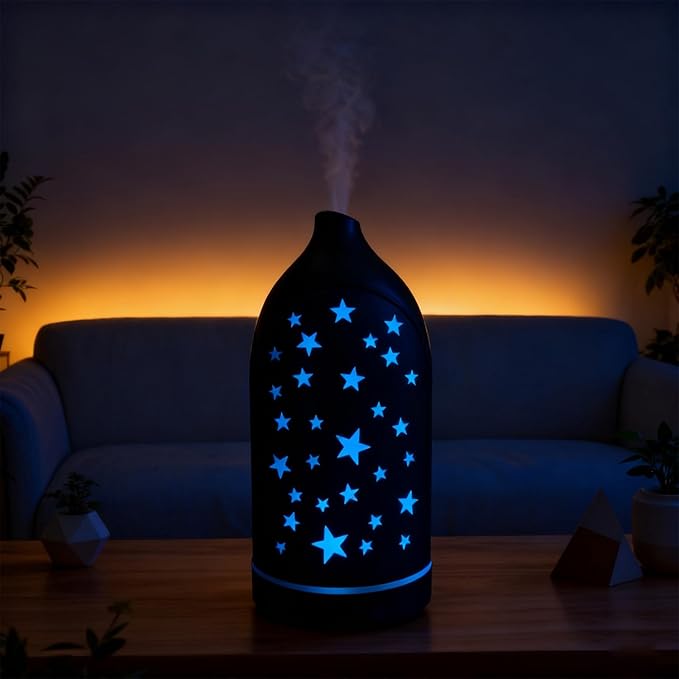 Aromatherapy Diffusers,7.1''x3.5''Diffuser with 3 Essential Oil Set,Small 200ml Office Desk Humidifier with 7 LED Colors Night Lights,Waterless Auto-Off for Home Decor Gift (Star Dark Wood Grain) - Image 4