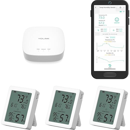YoLink Indoor Thermometer Hygrometer 3-Pack YS8023 with LCD Comfort Display, Magnetic Mount for Kitchen Use, Max/Min Tracking, LoRa, 5-Year Battery, Alexa/IFTTT, Hub Included by YoLink