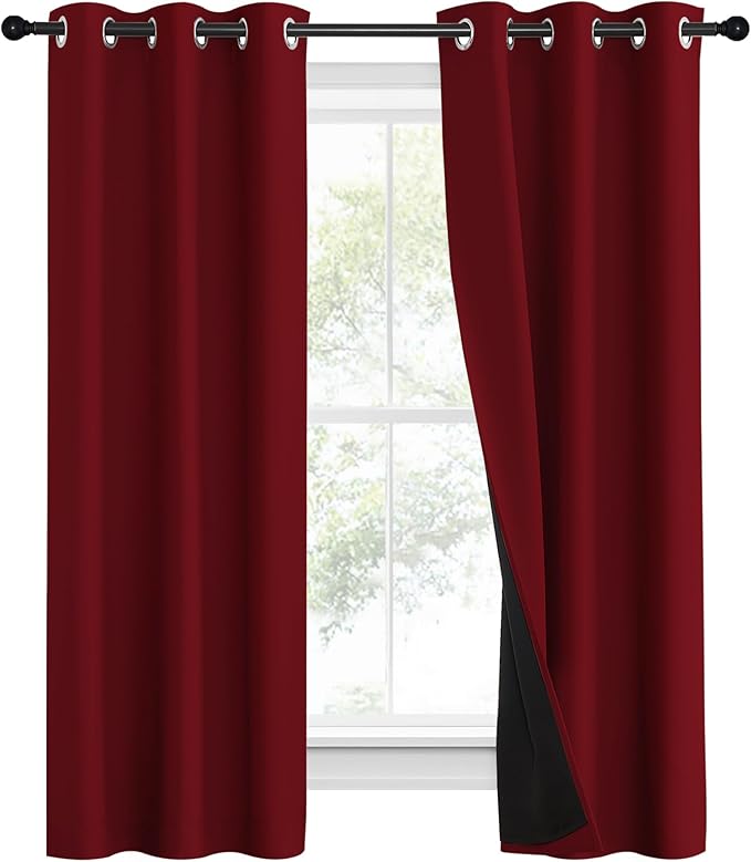 NICETOWN 100% Blackout Curtains with Black Liner Backing, Thermal Insulated Curtains for Living Room, Noise Reducing Drapes for Christmas, Burgundy Red, 37" x 60" Per Panel, Set of 2 - Image 2