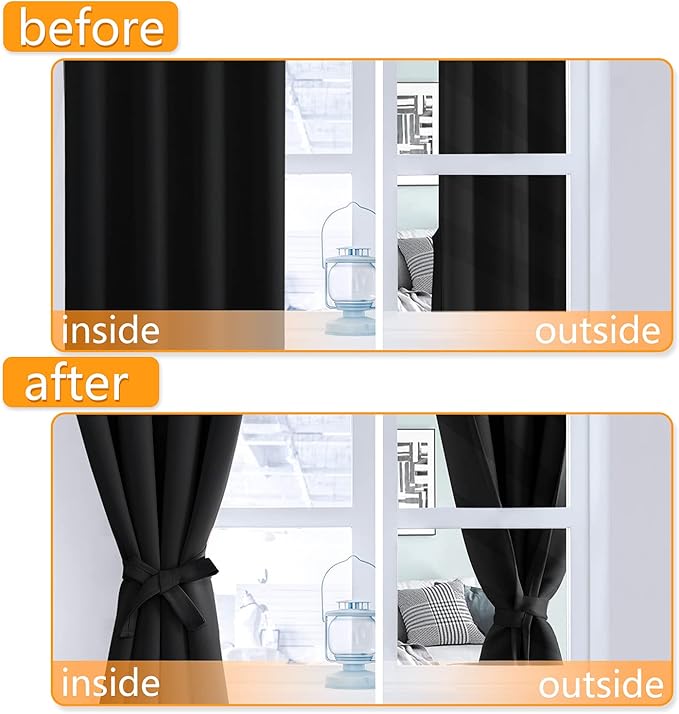 Hiasan Blackout Curtains for Bedroom, 52 x 54 Inches Long - Thermal Insulated & Light Blocking Window Curtains for Living Room, 2 Drape Panels Sewn with Tiebacks, Black - Image 5