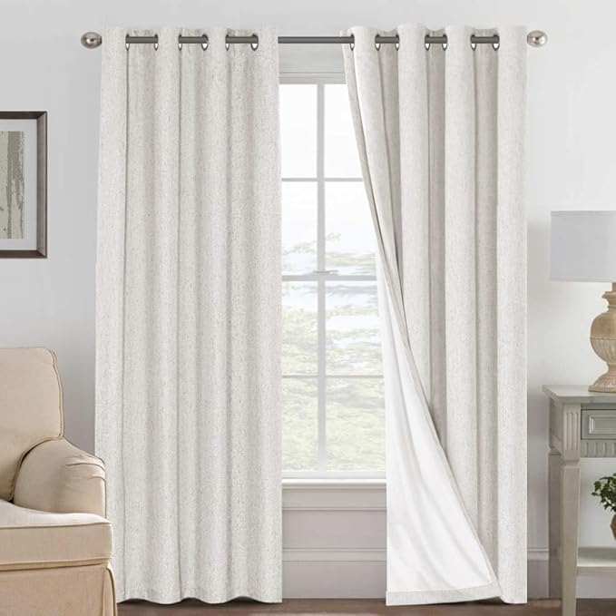 H.VERSAILTEX Linen Curtains 100% Blackout Curtains for Bedroom 102 inch Long Full Light Blocking Nature Linen Blended Window Curtains for Living Room Nickel Grommet (2 Panels, Ivory) by HVERSAILTEX