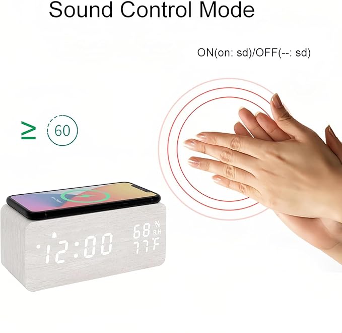 Lancoon Wooden LED Alarm Clock with Wireless Charging Temperature and Humidity Display Calendar Adjustable Brightness Sound Control for Bedroom Home Office (White) - Image 2