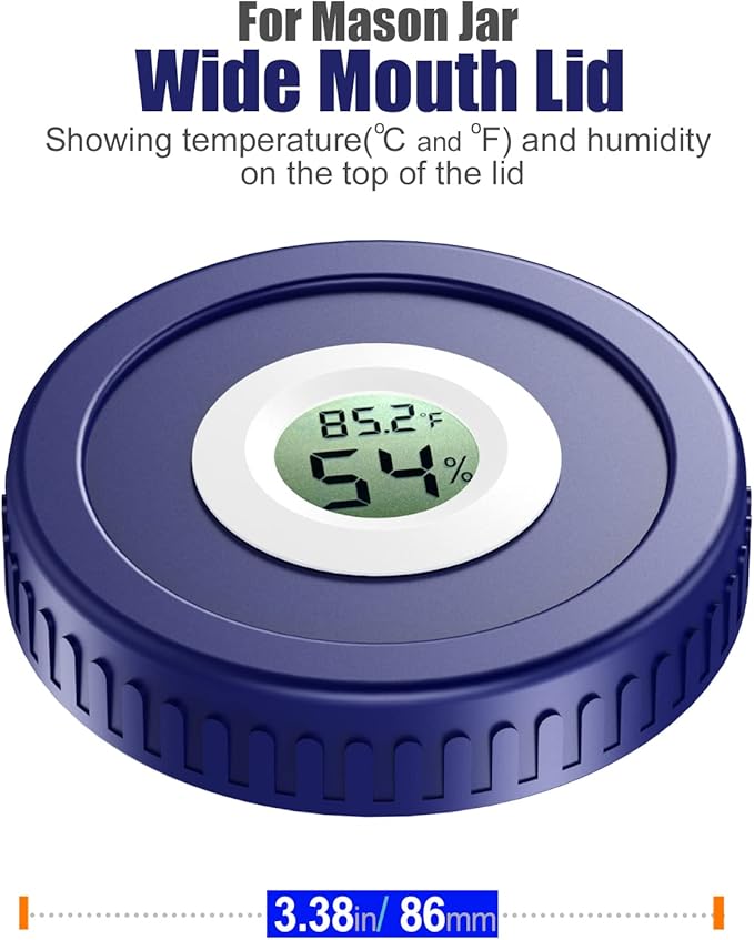 Airtight Mason Jar Lids Built-In Stash Hygrometer Herb Curing monitor fits all Wide Mouth/Regular Mouth Mason Jars humidity lid 2pcs (86mm, Blue) - Image 2