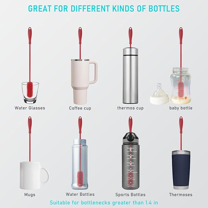15.7" Silicone Bottle Brush, ddLUCK Water Bottle Cleaner Brush for Stanley, Hydroflasks, Glass, Thermos Sports Bottle, Vase and Glassware, Bottle Brush Cleaner for Small Narrow Neck Containers (Red) - Image 2