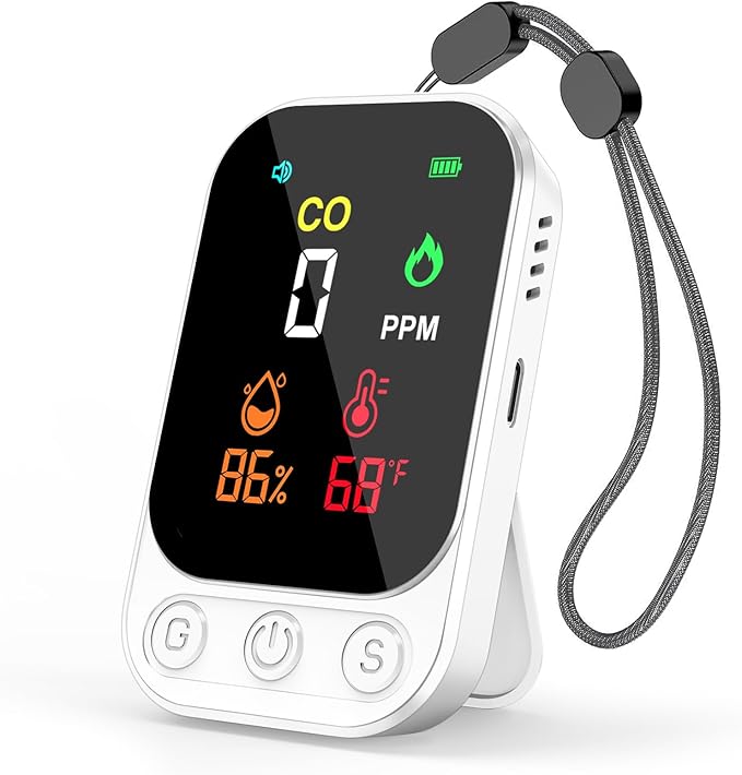 Portable Carbon Monoxide Detectors, 3-in-1 CO Detector – Mini CO, Temp & Humidity Sensor with 85 dB Alarm, Fold-Out Kickstand & Lanyard, Ultra-Low-Power Plug-Free Safety for Home, RV, Camp or Hotel by RealPlus