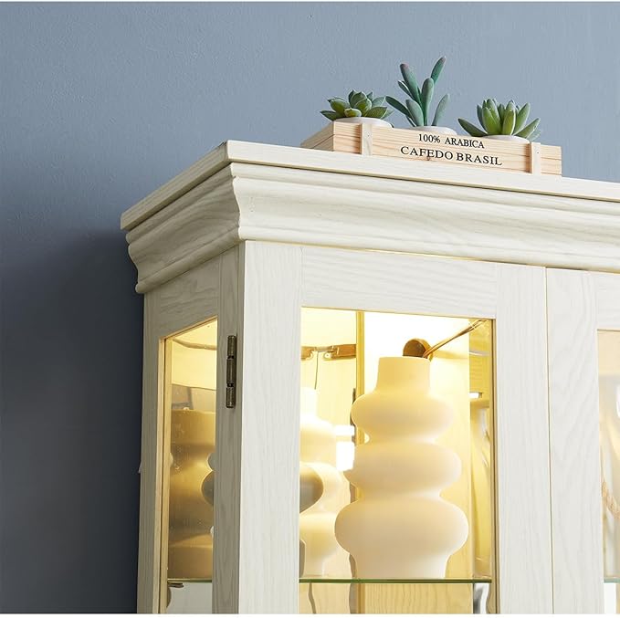 Lighted Glass Curio Cabinet with Lights & Adjustable Shelves,White Corner Curio Display Cabinet with Wood Frame (Free Standing,Light Bulb Include) - Image 9