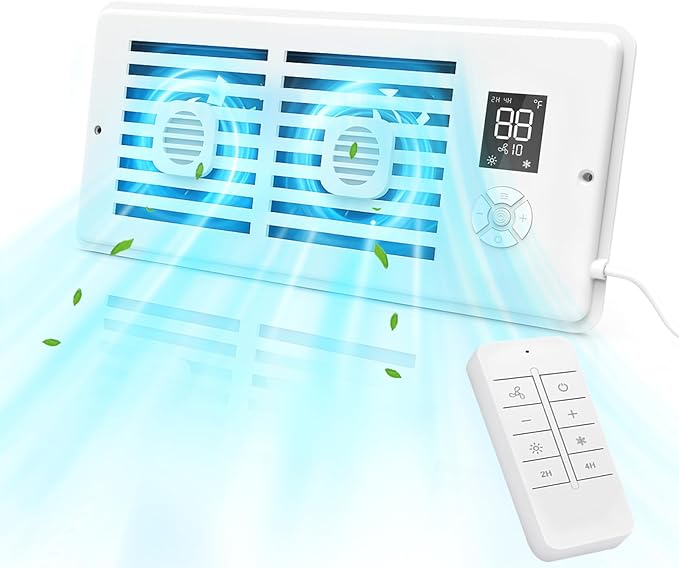 Register Booster Fan for 4" x 10" Vents Only, 10 Speeds to Control Cool & Warm Airflow, Air Conditioning Vents with LED Screen Remote & Thermostat Control, for Room Walls & Floors (White) by WeeLeeGoo