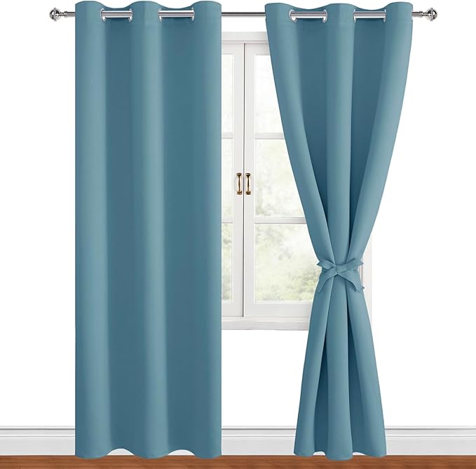 Hiasan Grommet Blackout Curtains for Bedroom, 42 x 84 Inches Long - Thermal Insulated & Light Blocking Window Curtains for Living Room, 2 Drape Panels Sewn with Tiebacks, Stone Blue by Hiasan