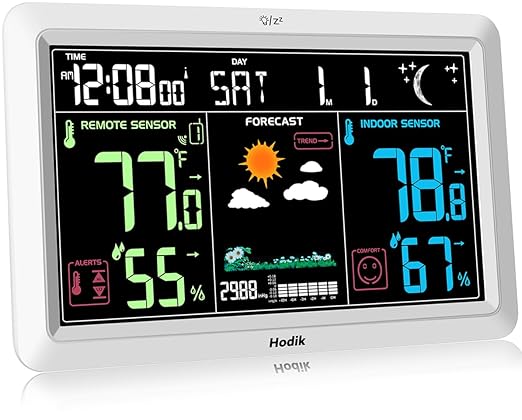 Weather Station with Atomic Clock Indoor Outdoor Thermometer Wireless, Humidity and Temperature Monitor Barometer Hygrometer with High Precision Sensor White by Hodik
