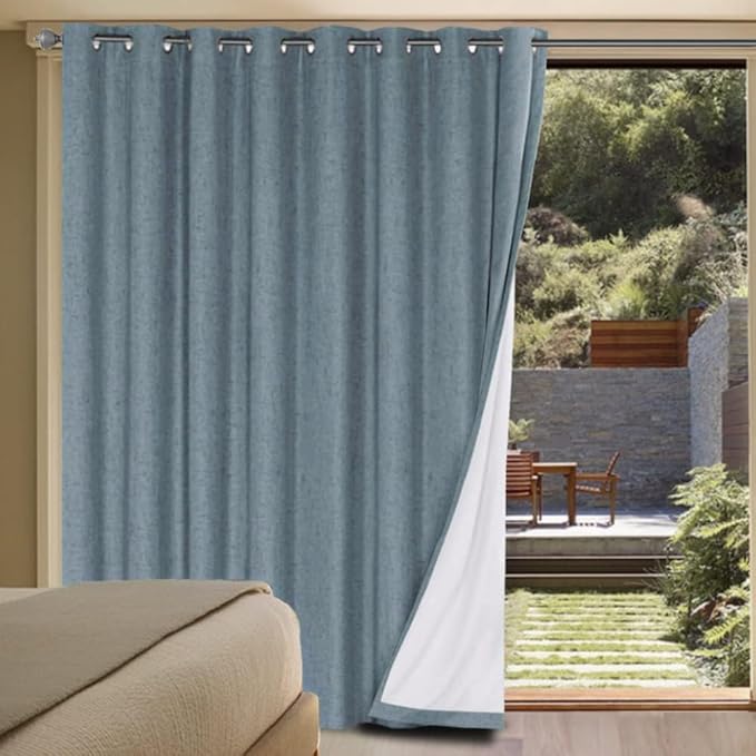 H.VERSAILTEX Linen Blackout Curtains Durable Thick Textured Linen Look 100% Blackout Patio Door Curtain Anti Rust Grommet Extra Wide Sliding Door Curtain Panel, W100 x L96 inch - Stone Blue by HVERSAILTEX
