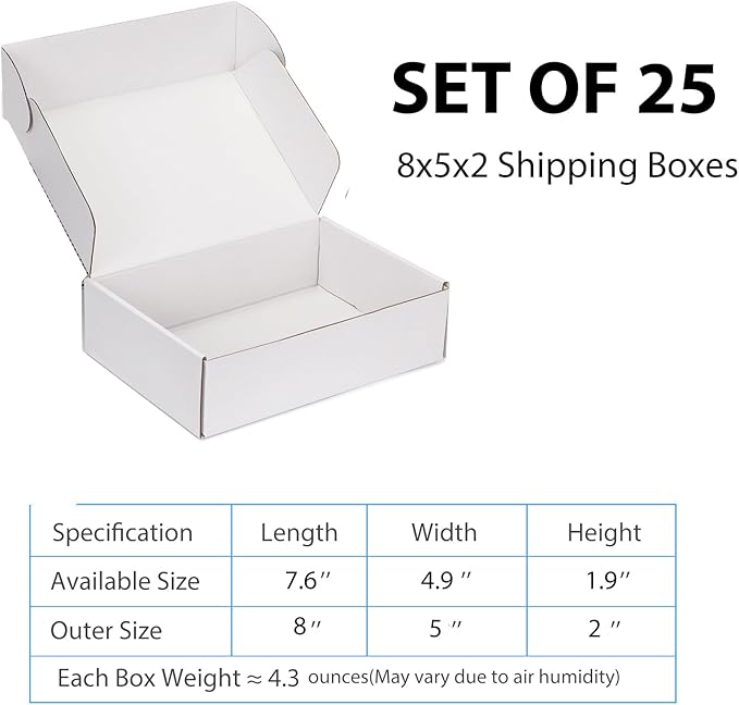 Small Shipping Boxes 8x5x2 Inch (25 Pack) - Sturdy White Corrugated Cardboard Boxes for Small Business, Ecommerce, Mailing & Packaging | Recyclable Gift & Storage Boxes - Image 2