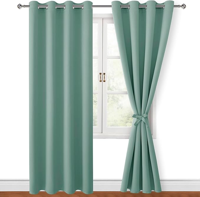 Hiasan Blackout Curtains for Bedroom, 52 x 84 Inches Long - Thermal Insulated & Light Blocking Window Curtains for Living Room, 2 Drape Panels Sewn with Tiebacks, Sage Green by Hiasan