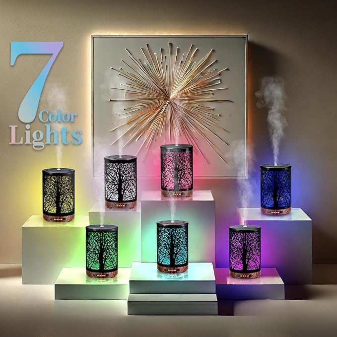 Oil Diffuser with Essential Oils Set, Aromatherapy Diffuser with 7 Color Lights and Auto Shut-Off, Cool Mist Diffuser with 6 Oils Gift Pack for Home Office (Tree with Oils) - Image 4
