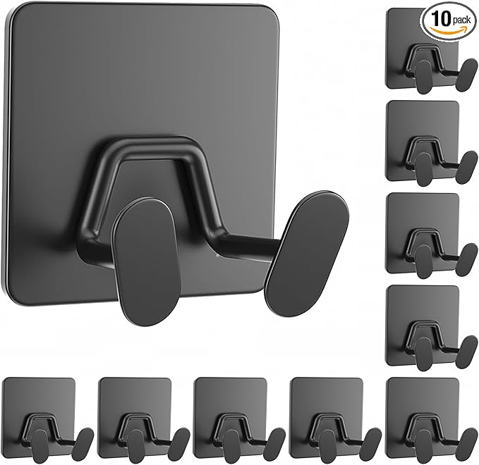 10 Pack Shower Hooks for Inside - Extra Sticky Stainless, Razor Holder Shower Accessories, Wall Mounted Self-Adhesive Hooks for Razor, Loofah, Towel, Coat, Key, Matt Black, by susswiff
