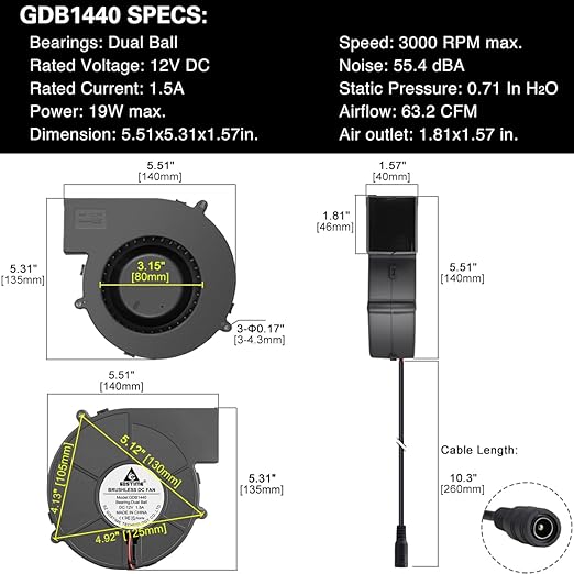 GDSTIME 140mm x 40mm Variable Speed Blower Fan, 110V 120V 220V AC Powered 5.5 inch Squirrel Cage Radial Centrifugal Fan with 5 to 12v DC Speed Control Dual Ball Bearing High Speed - Image 6