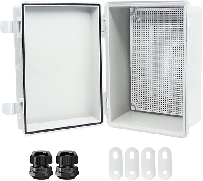 Junction Box, Hinged Cover IP67 Waterproof ABS Project Box with 2 NPT 1/2" Cable Gland, Electrical Box Enclosure with Mounting Plate & Wall Bracket 11.4 x 7.5 x 5.5inch(290x190x140mm) by Otdorpatio